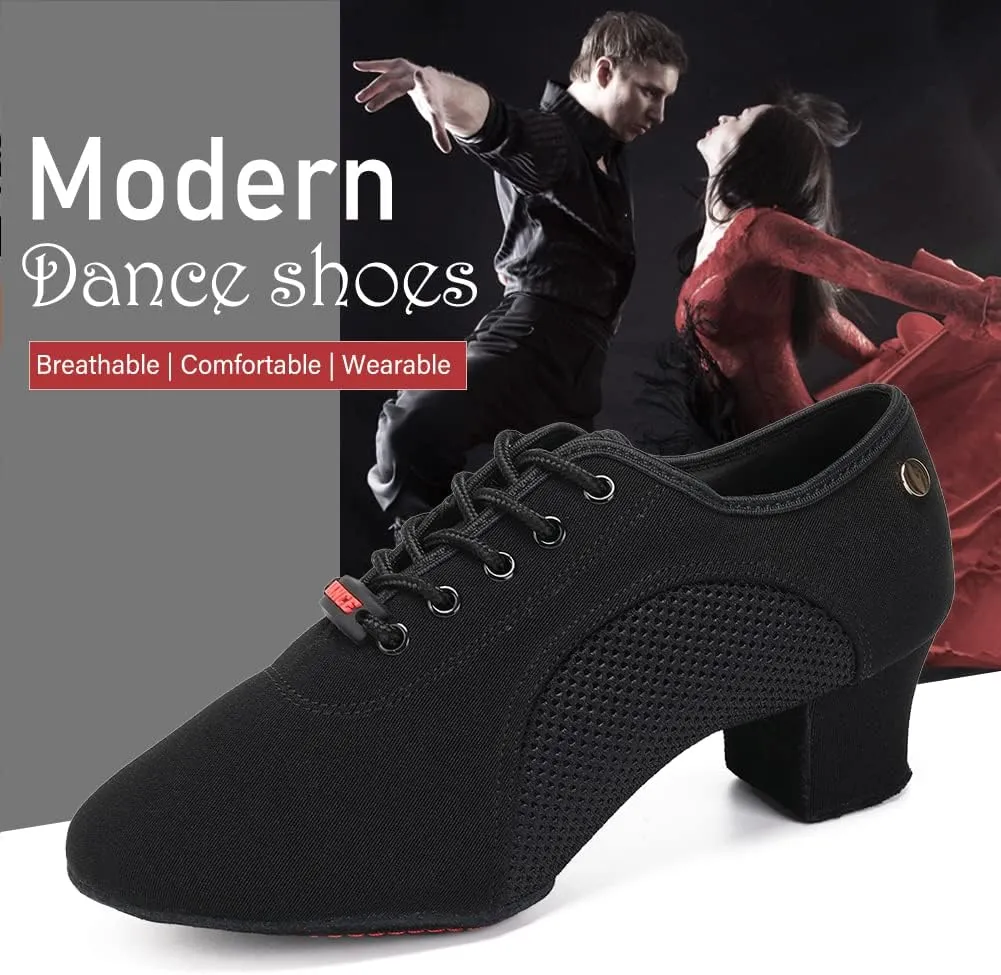 JUODVMP Women's Ballroom Dance Practice Shoes Breathable Canvas Chunky Heel Salsa Dance Shoes,Closed Toe