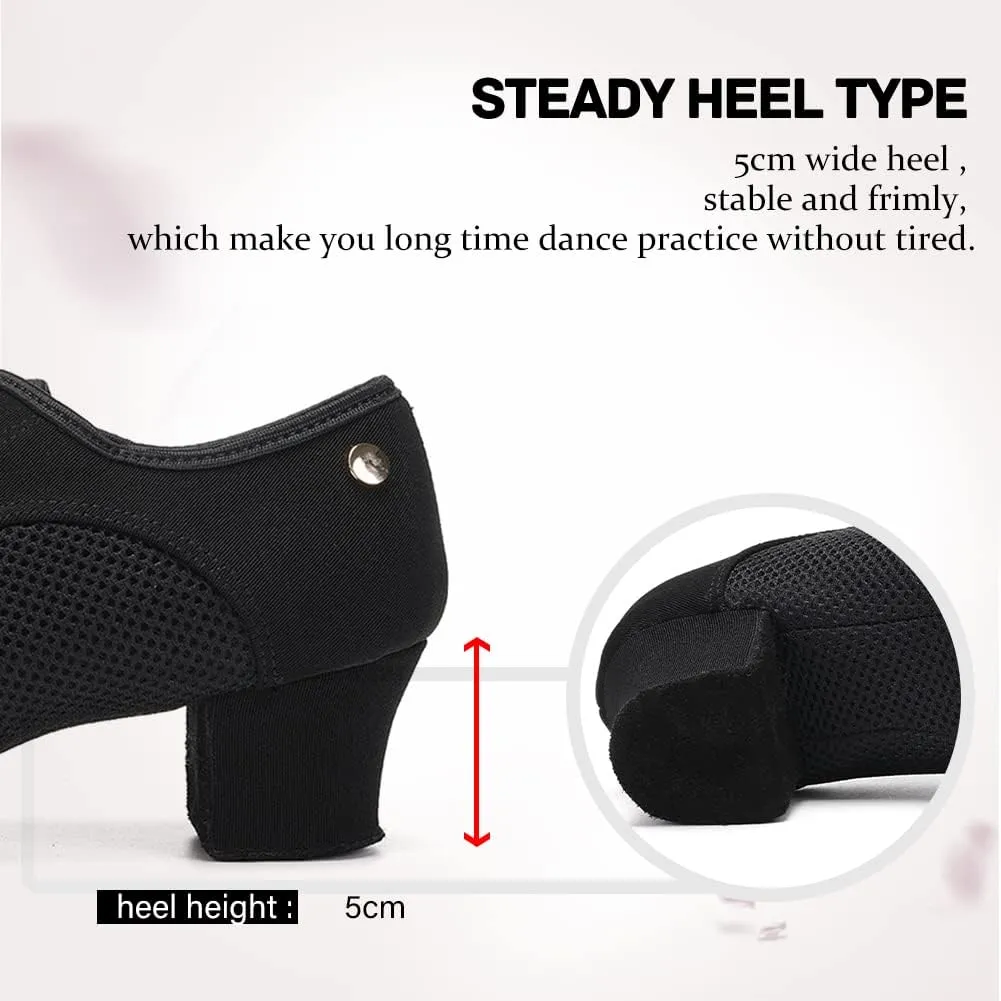 JUODVMP Women's Ballroom Dance Practice Shoes Breathable Canvas Chunky Heel Salsa Dance Shoes,Closed Toe