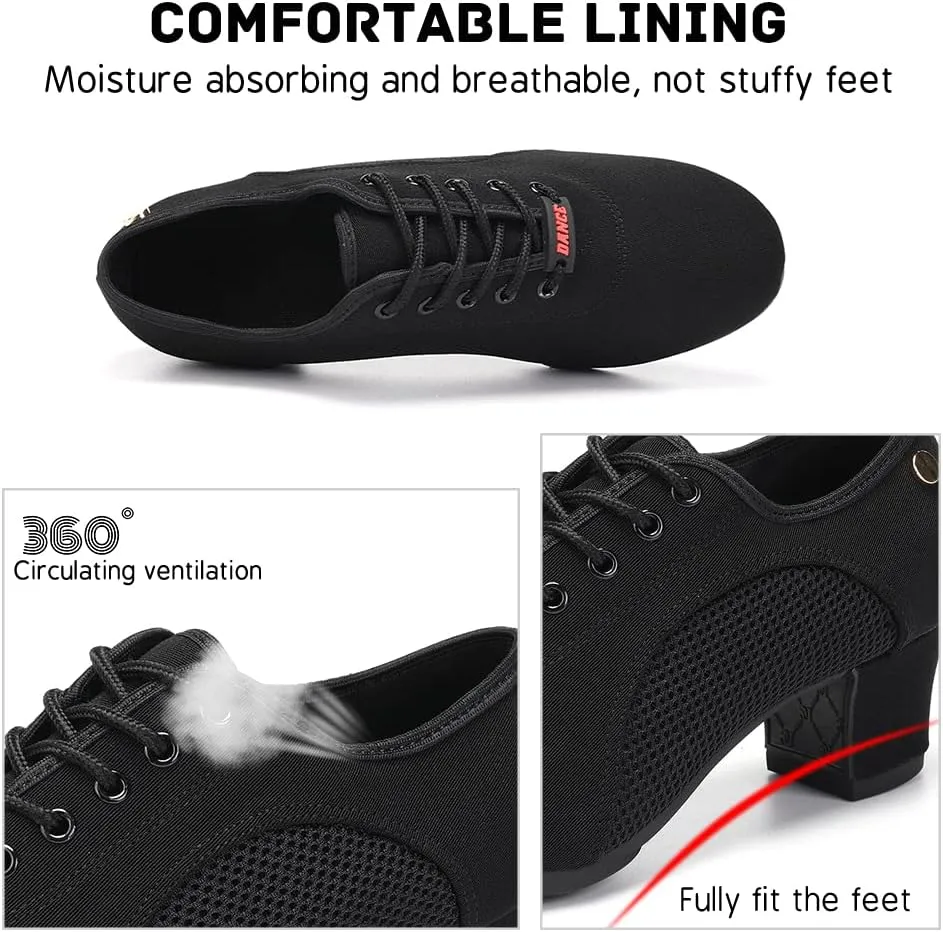 JUODVMP Women's Ballroom Dance Practice Shoes Breathable Canvas Chunky Heel Salsa Dance Shoes,Closed Toe