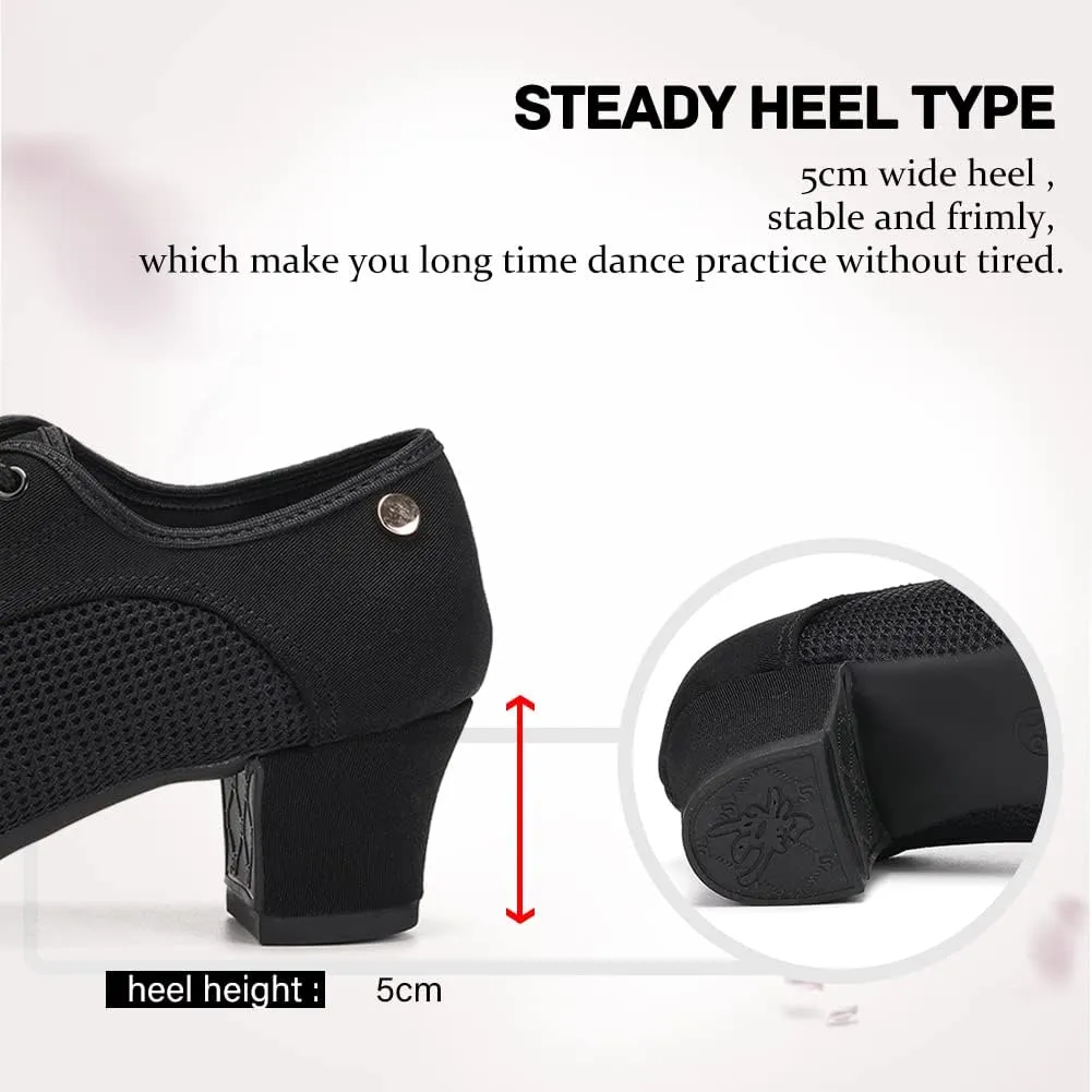 JUODVMP Women's Ballroom Dance Practice Shoes Breathable Canvas Chunky Heel Salsa Dance Shoes,Closed Toe