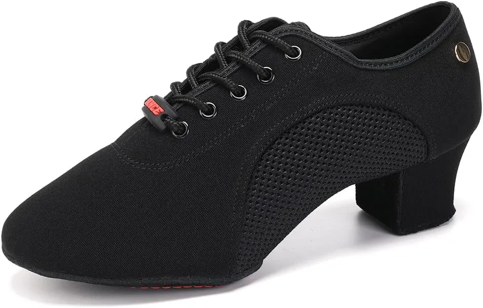 JUODVMP Women's Ballroom Dance Practice Shoes Breathable Canvas Chunky Heel Salsa Dance Shoes,Closed Toe