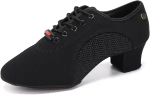 JUODVMP Women's Ballroom Dance Practice Shoes Breathable Canvas Chunky Heel Salsa Dance Shoes,Closed Toe