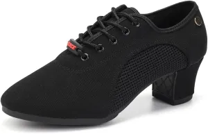JUODVMP Women's Ballroom Dance Practice Shoes Breathable Canvas Chunky Heel Salsa Dance Shoes,Closed Toe