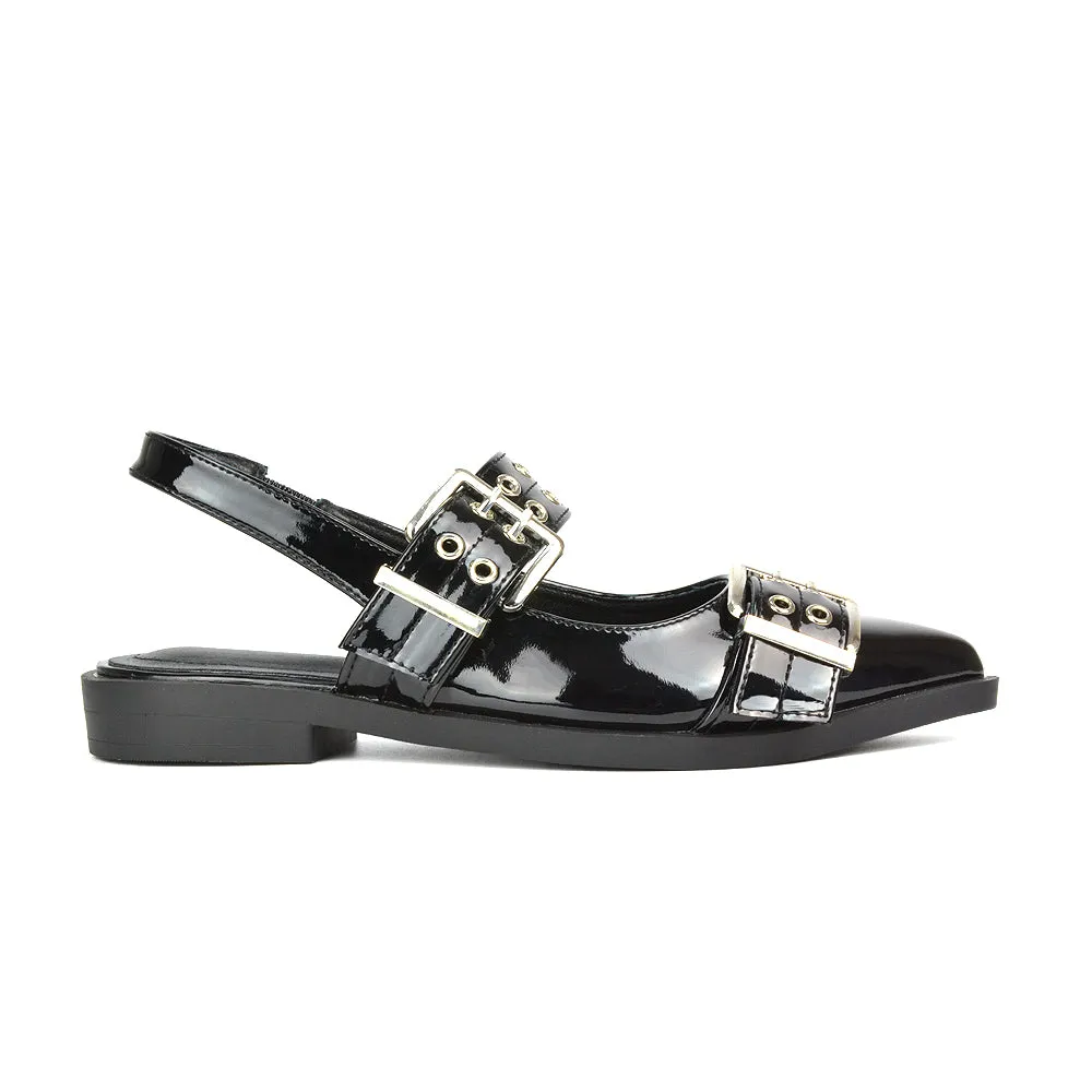 Kendall Buckle Mary Jane Ballet Pumps With Slingback Strap in Black Patent