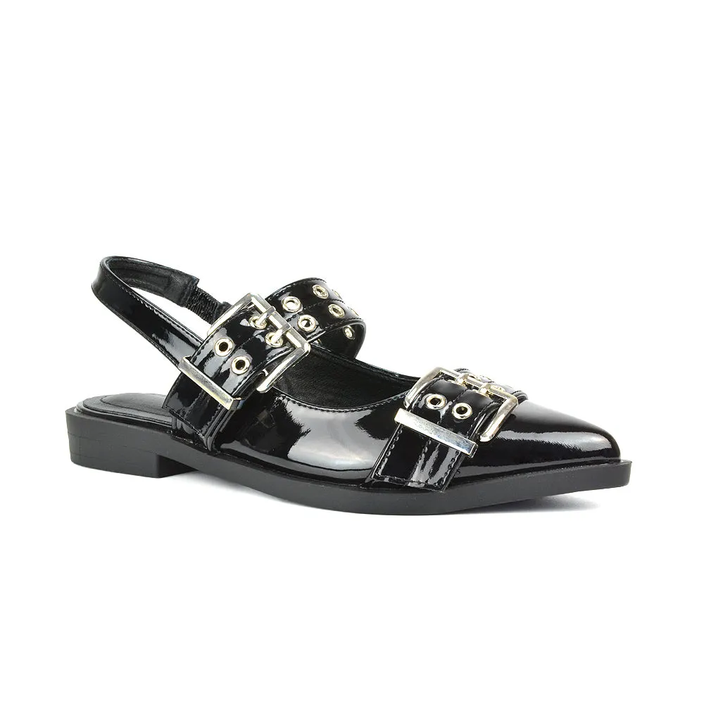 Kendall Buckle Mary Jane Ballet Pumps With Slingback Strap in Black Patent