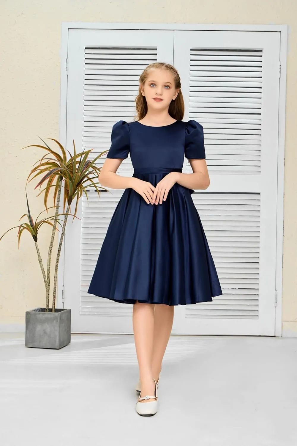 Knee Length Flower Girl Dress, Satin Toddler Dresses Puff Sleeve Special Occasion Party Gown