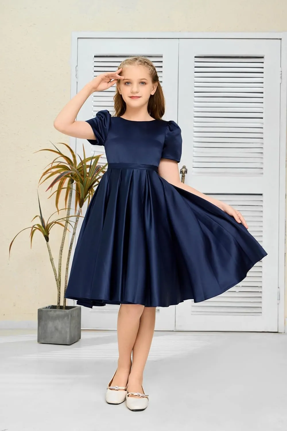 Knee Length Flower Girl Dress, Satin Toddler Dresses Puff Sleeve Special Occasion Party Gown