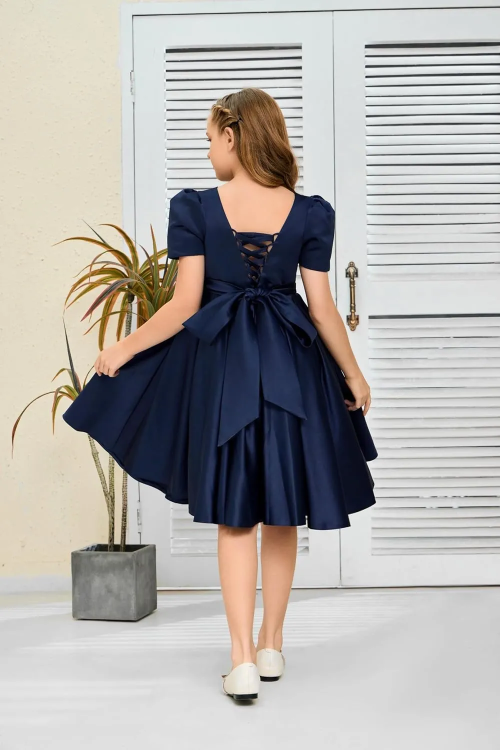 Knee Length Flower Girl Dress, Satin Toddler Dresses Puff Sleeve Special Occasion Party Gown