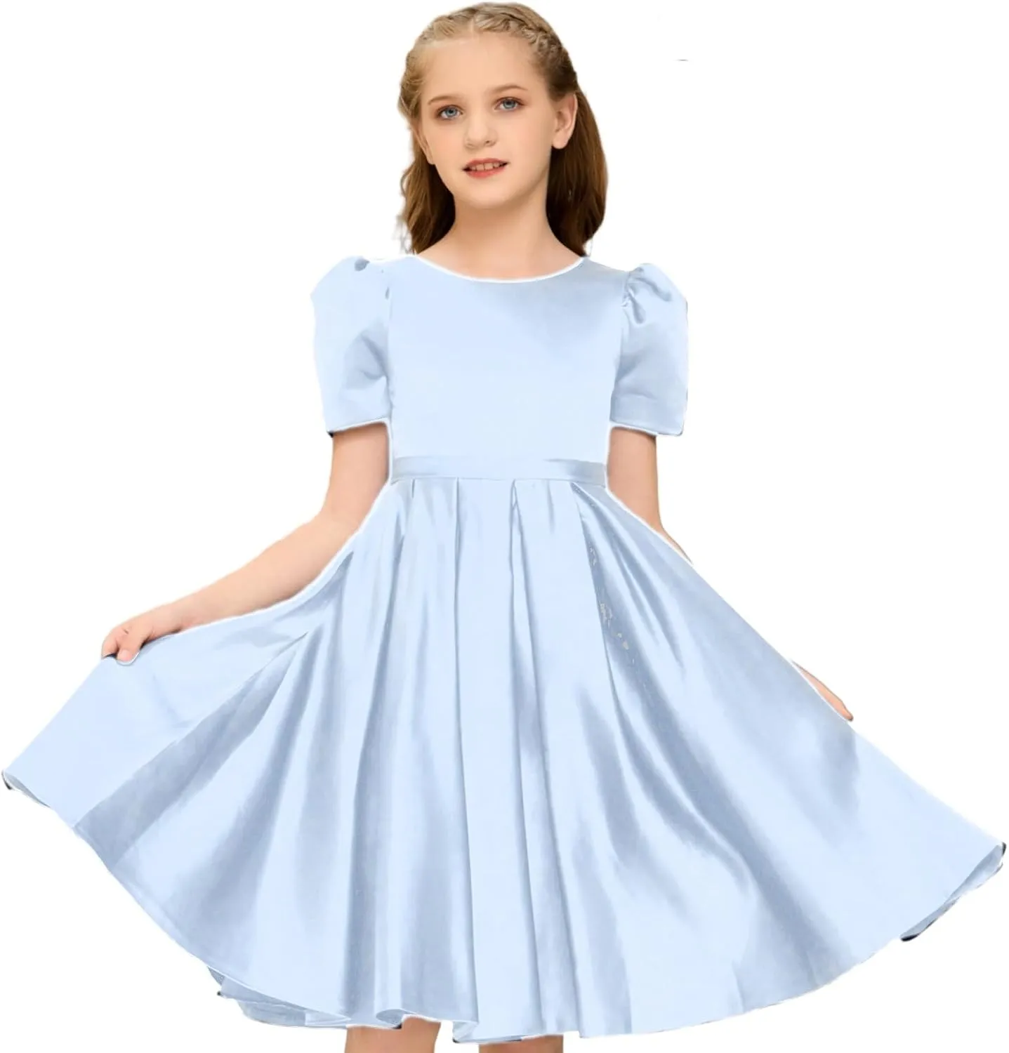 Knee Length Flower Girl Dress, Satin Toddler Dresses Puff Sleeve Special Occasion Party Gown