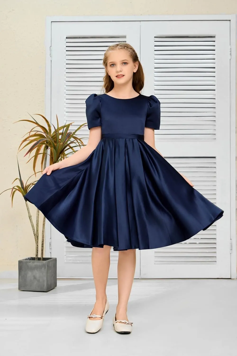 Knee Length Flower Girl Dress, Satin Toddler Dresses Puff Sleeve Special Occasion Party Gown