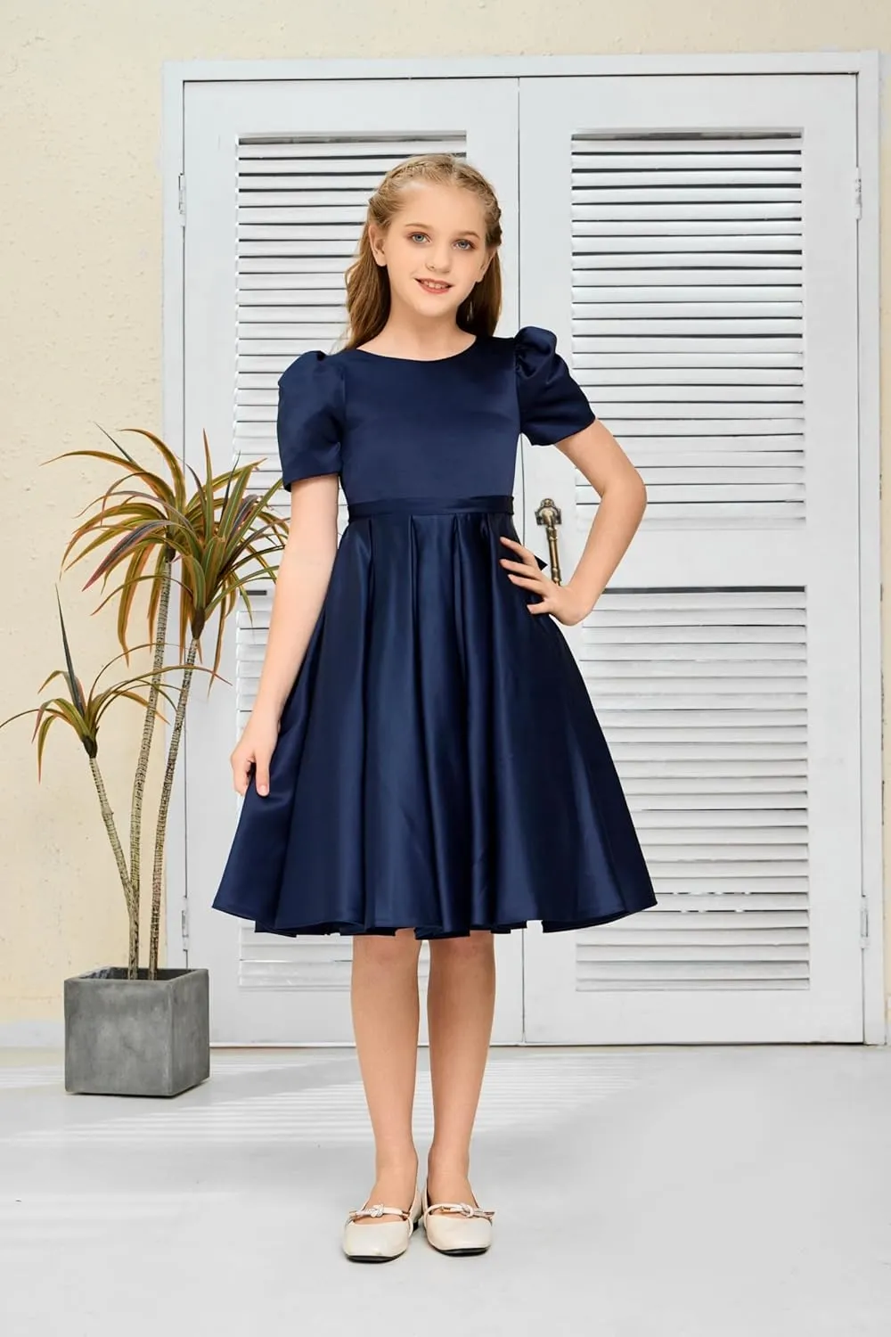 Knee Length Flower Girl Dress, Satin Toddler Dresses Puff Sleeve Special Occasion Party Gown