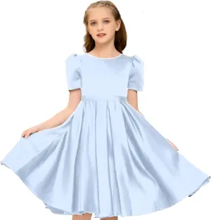 Knee Length Flower Girl Dress, Satin Toddler Dresses Puff Sleeve Special Occasion Party Gown