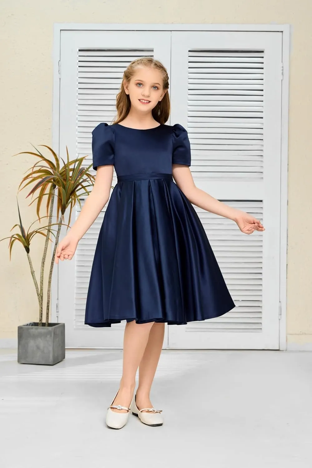 Knee Length Flower Girl Dress, Satin Toddler Dresses Puff Sleeve Special Occasion Party Gown