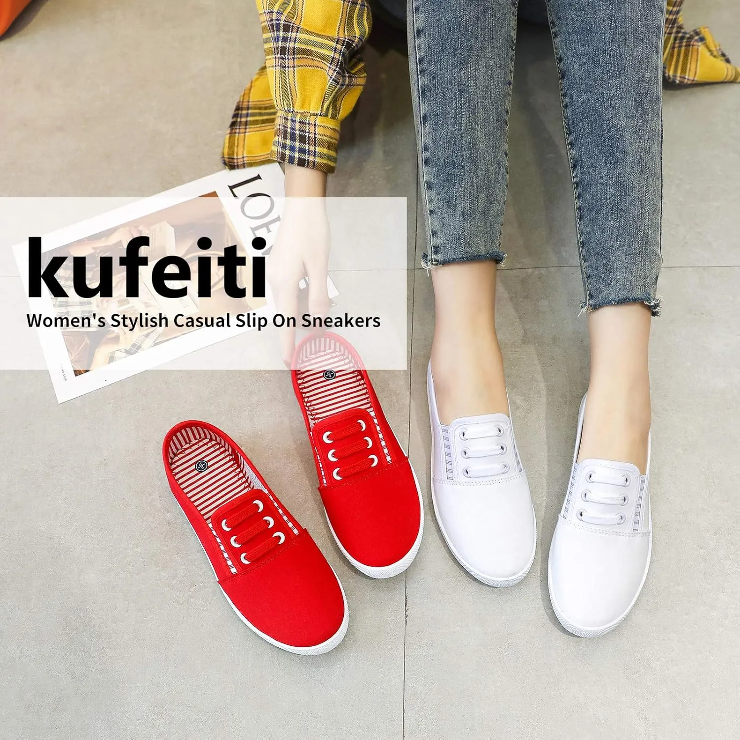 kufeiti Women's Canvas Slip On Shoes Sneakers for Women Fashion Comfortable White Black Elastic Sneakers for Women