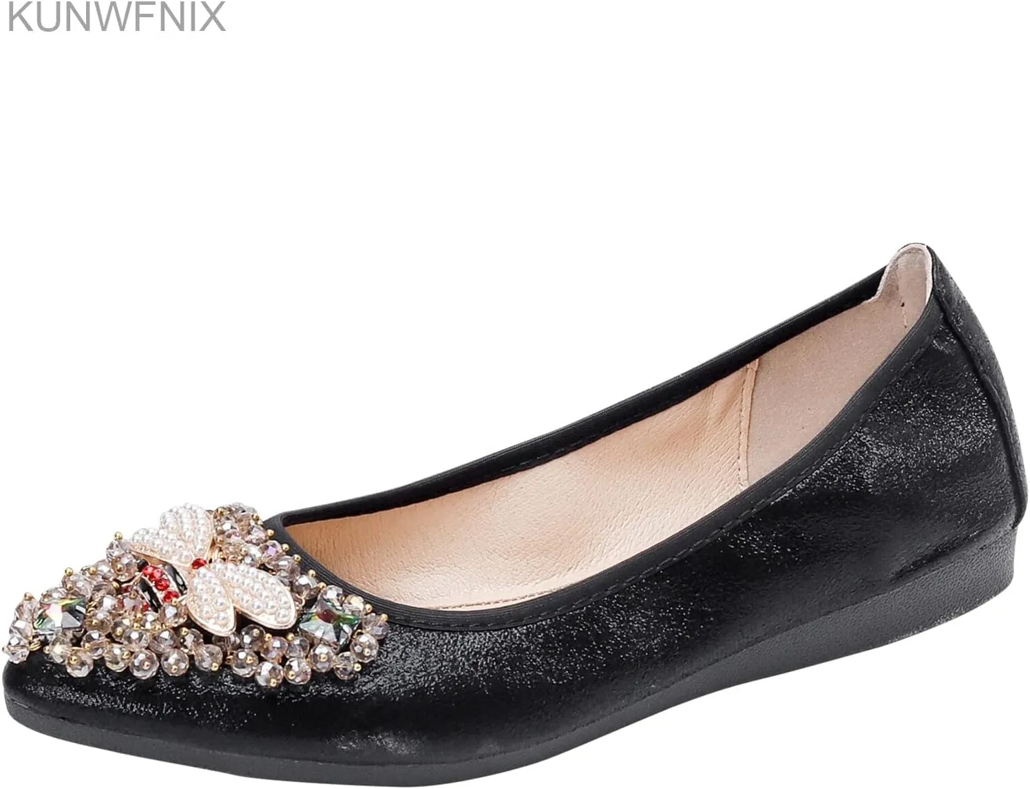 KUNWFNIX Women Ballet Flats Rhinestone Wedding Ballerina Shoes Foldable Sparkly Comfort Slip on Flat Shoes