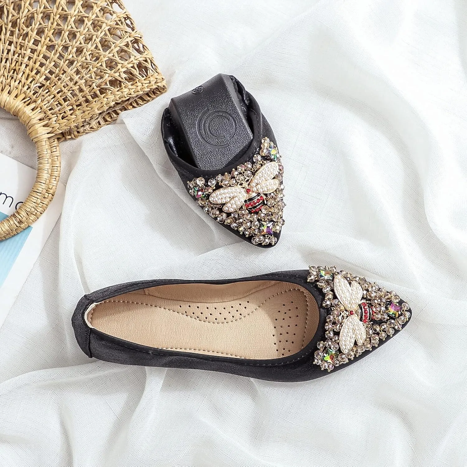 KUNWFNIX Women Ballet Flats Rhinestone Wedding Ballerina Shoes Foldable Sparkly Comfort Slip on Flat Shoes