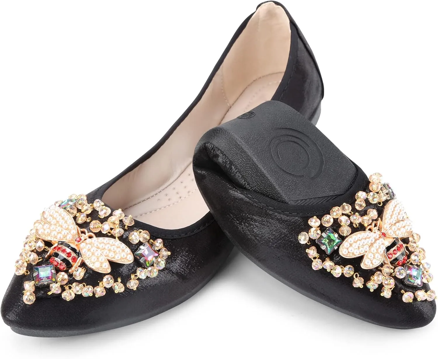 KUNWFNIX Women Ballet Flats Rhinestone Wedding Ballerina Shoes Foldable Sparkly Comfort Slip on Flat Shoes