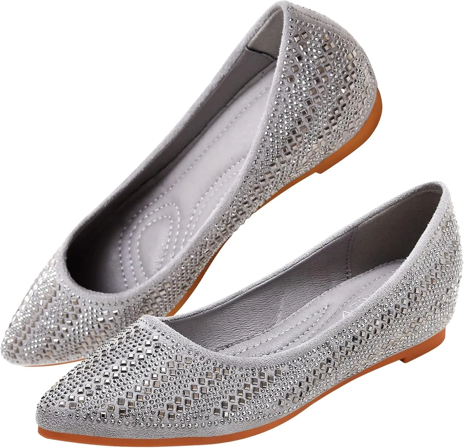 KUNWFNIX Women's Ballet Flats Crystal Wedding Ballerina Shoes Pointed Toe Pearl Diamond Low Heel Comfortable Dressy Work Business Dance Flats