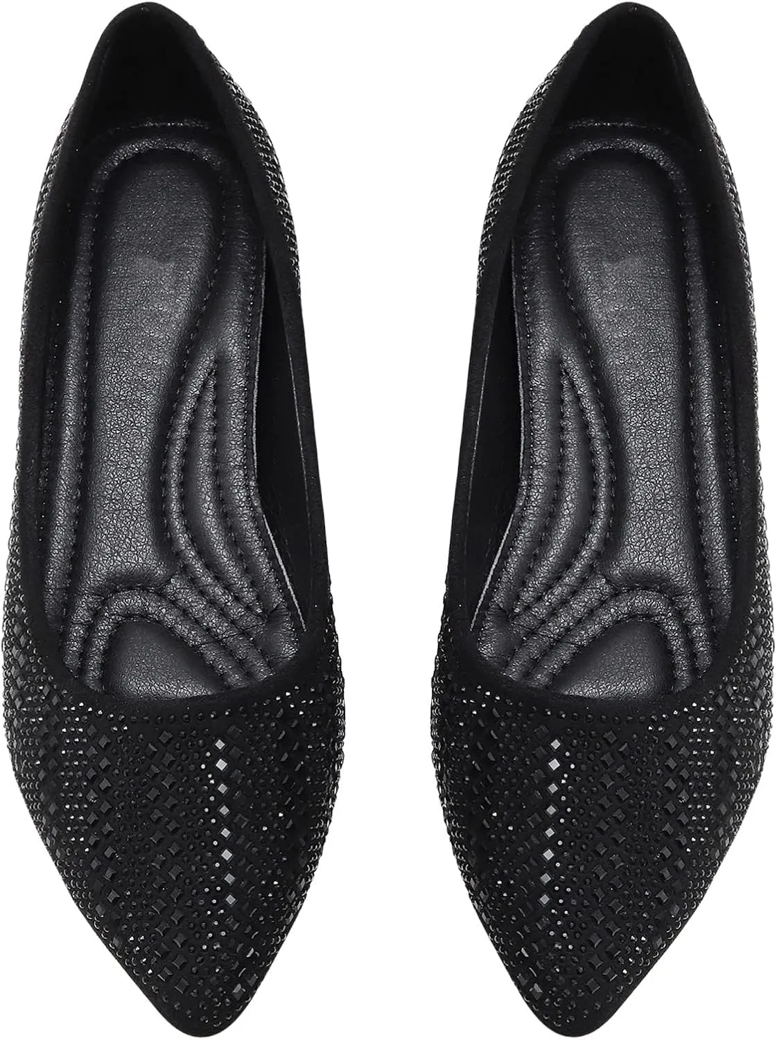 KUNWFNIX Women's Ballet Flats Crystal Wedding Ballerina Shoes Pointed Toe Pearl Diamond Low Heel Comfortable Dressy Work Business Dance Flats