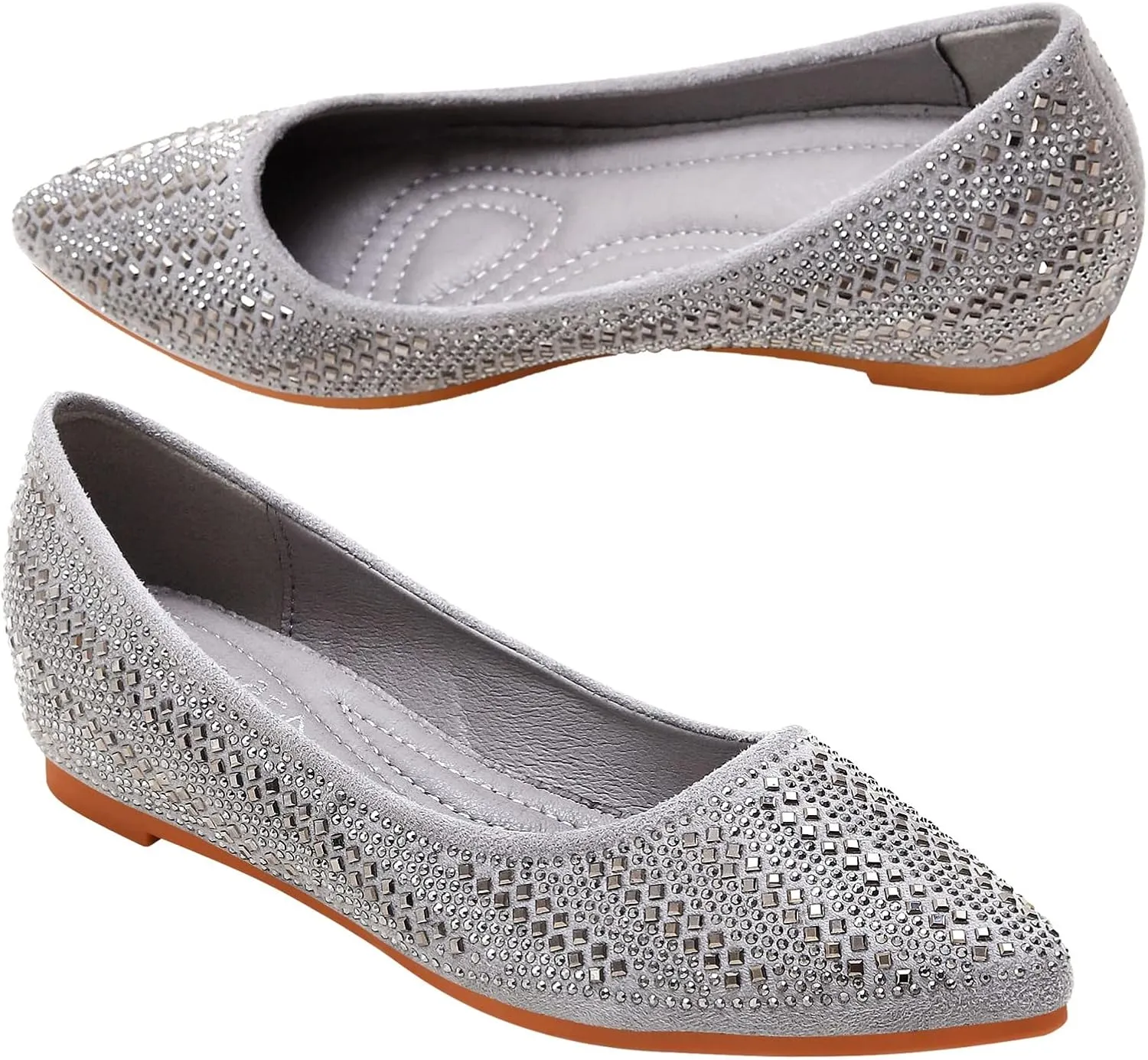 KUNWFNIX Women's Ballet Flats Crystal Wedding Ballerina Shoes Pointed Toe Pearl Diamond Low Heel Comfortable Dressy Work Business Dance Flats