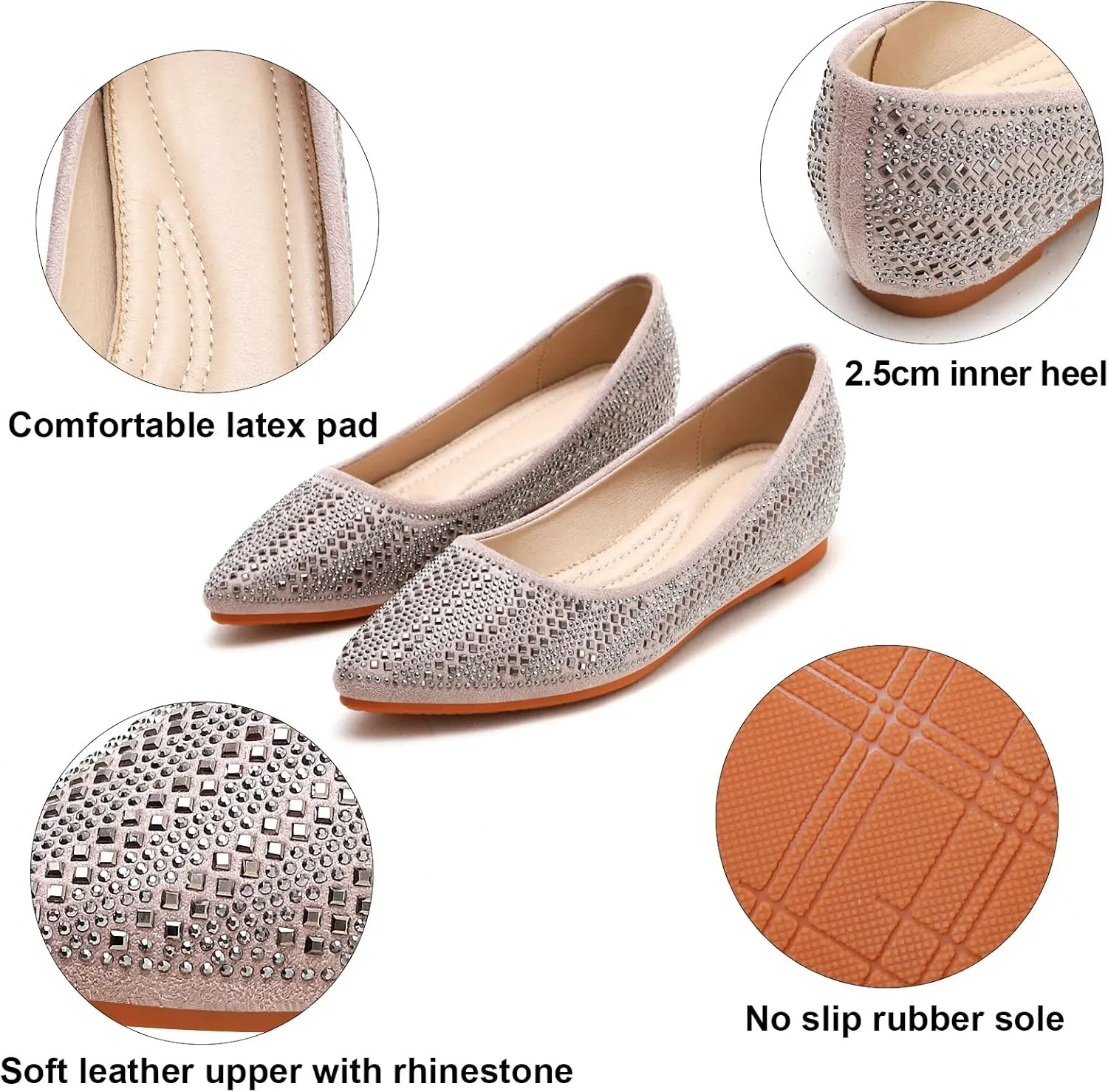 KUNWFNIX Women's Ballet Flats Crystal Wedding Ballerina Shoes Pointed Toe Pearl Diamond Low Heel Comfortable Dressy Work Business Dance Flats