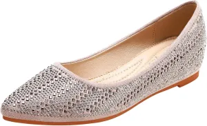 KUNWFNIX Women's Ballet Flats Crystal Wedding Ballerina Shoes Pointed Toe Pearl Diamond Low Heel Comfortable Dressy Work Business Dance Flats
