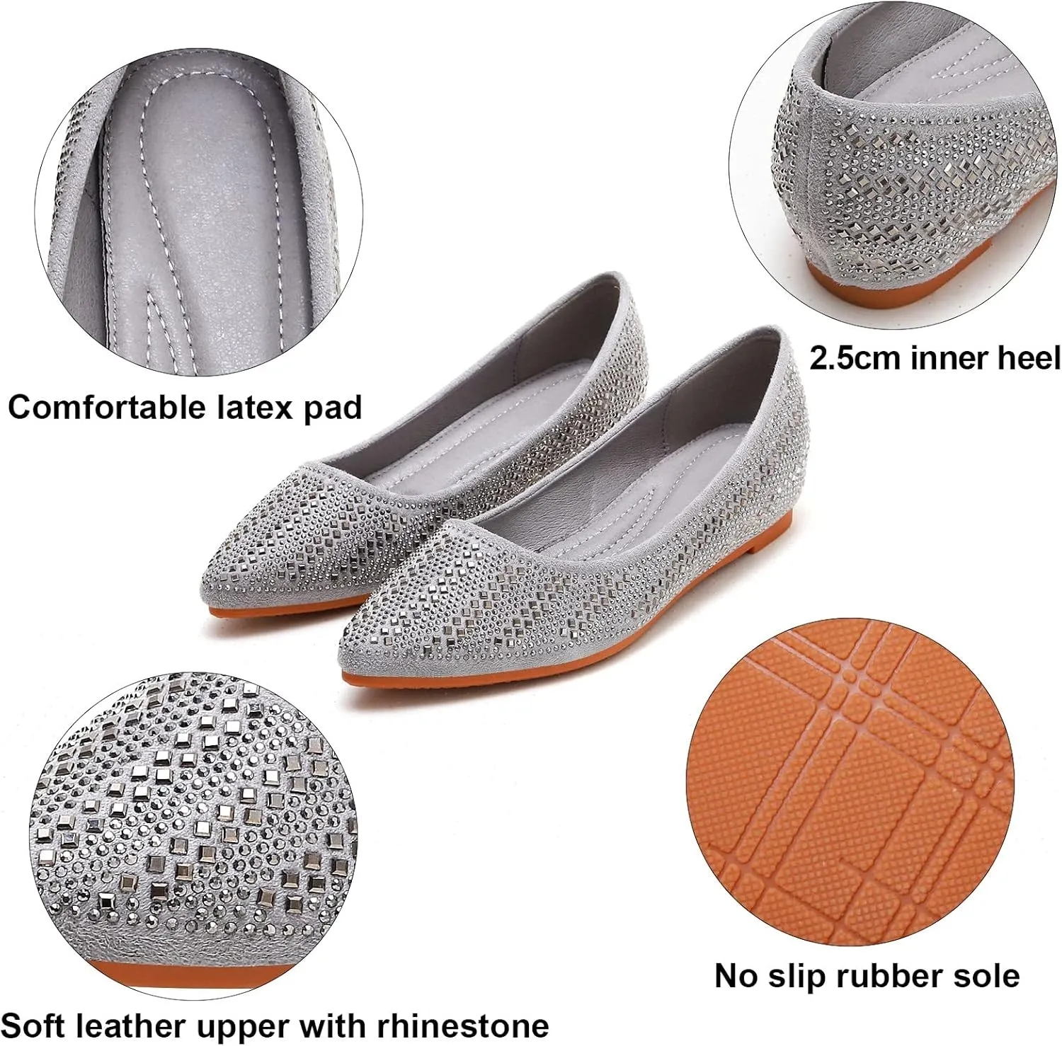 KUNWFNIX Women's Ballet Flats Crystal Wedding Ballerina Shoes Pointed Toe Pearl Diamond Low Heel Comfortable Dressy Work Business Dance Flats
