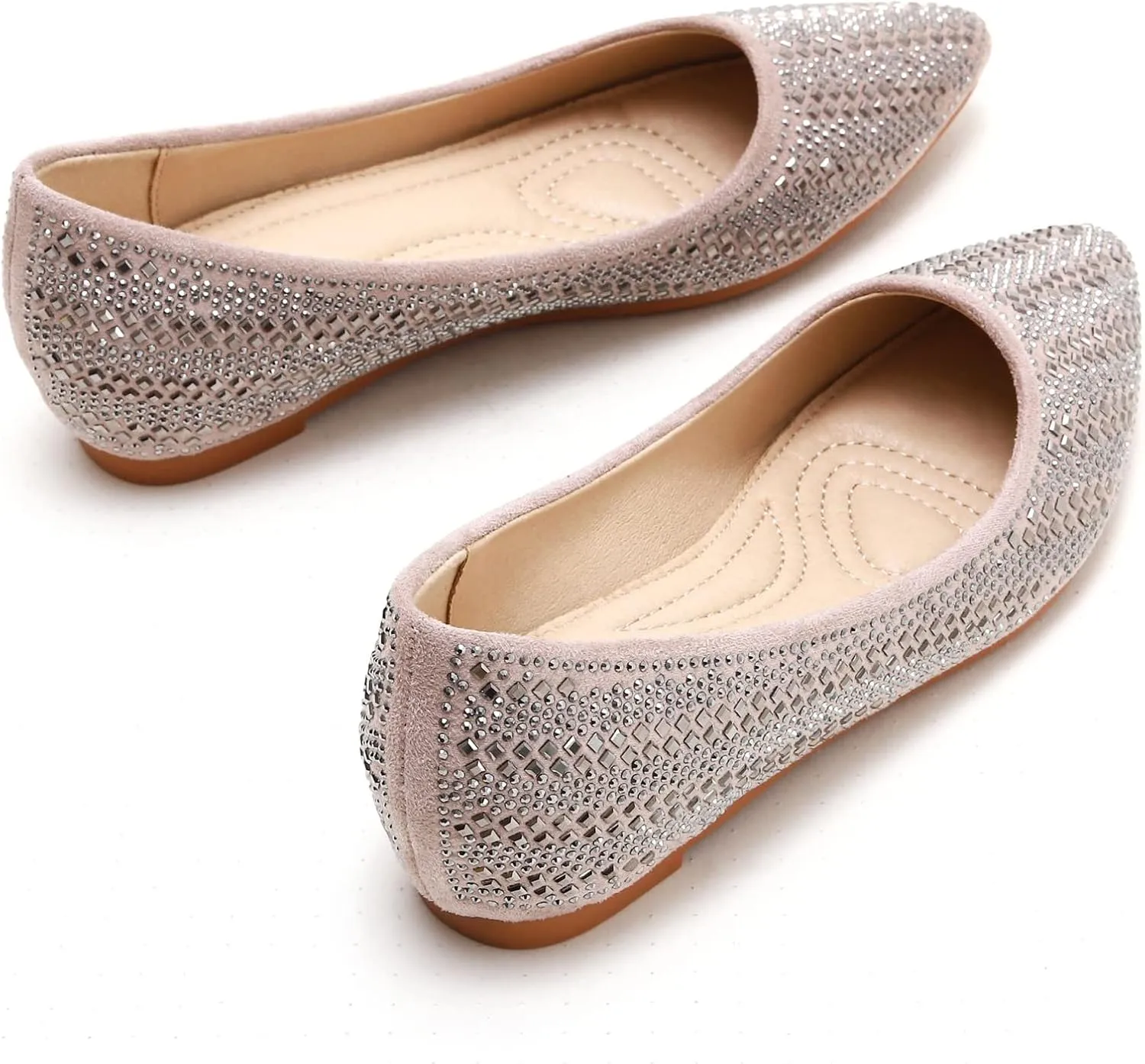 KUNWFNIX Women's Ballet Flats Crystal Wedding Ballerina Shoes Pointed Toe Pearl Diamond Low Heel Comfortable Dressy Work Business Dance Flats