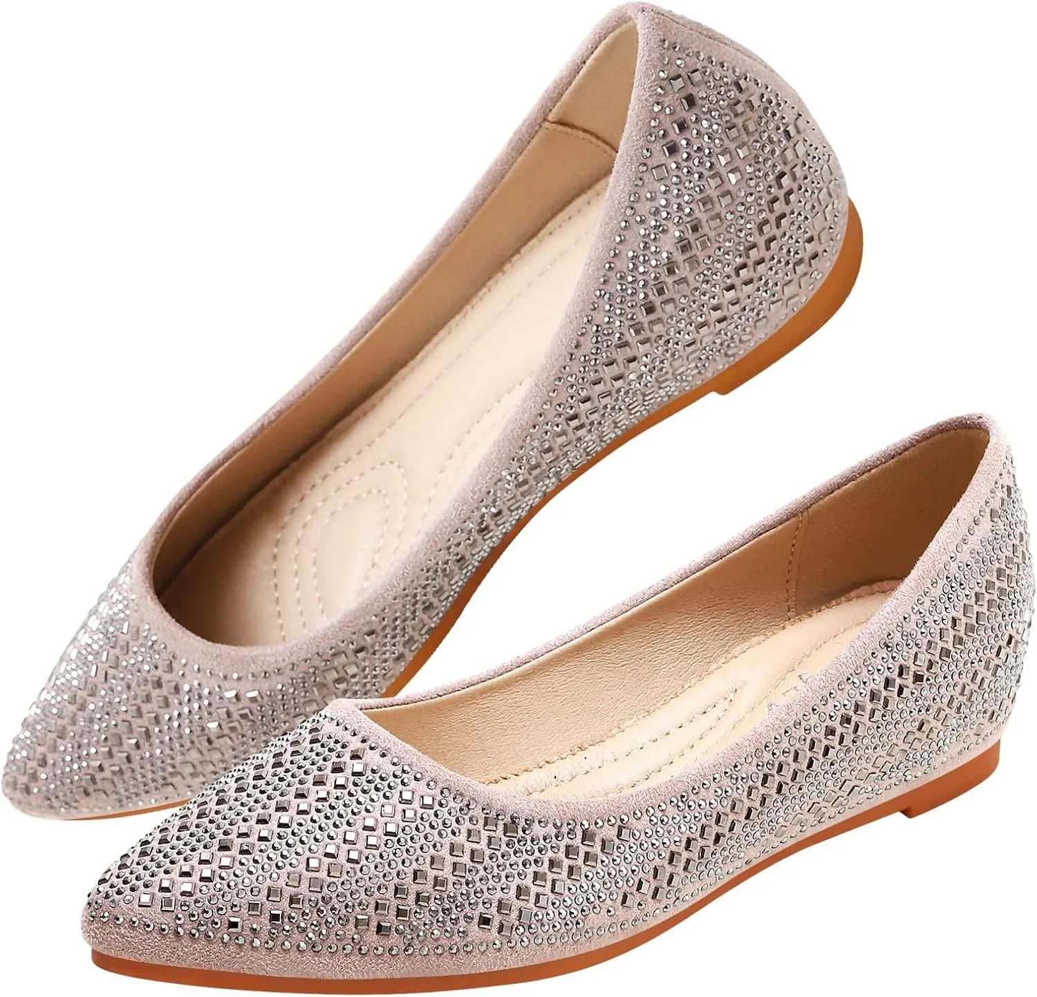 KUNWFNIX Women's Ballet Flats Crystal Wedding Ballerina Shoes Pointed Toe Pearl Diamond Low Heel Comfortable Dressy Work Business Dance Flats