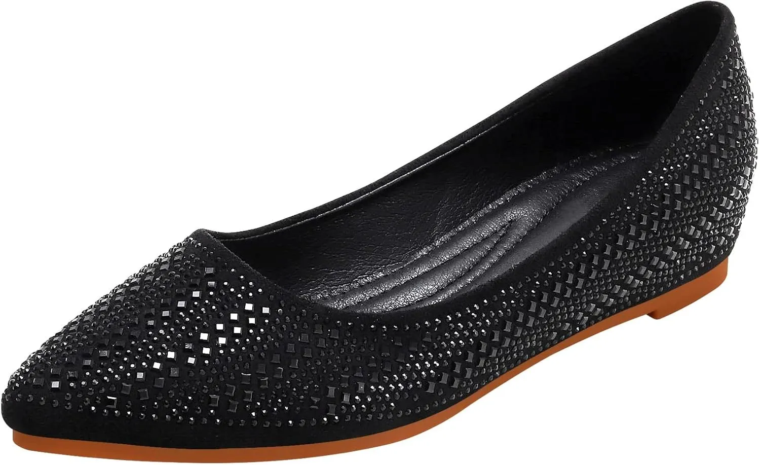 KUNWFNIX Women's Ballet Flats Crystal Wedding Ballerina Shoes Pointed Toe Pearl Diamond Low Heel Comfortable Dressy Work Business Dance Flats