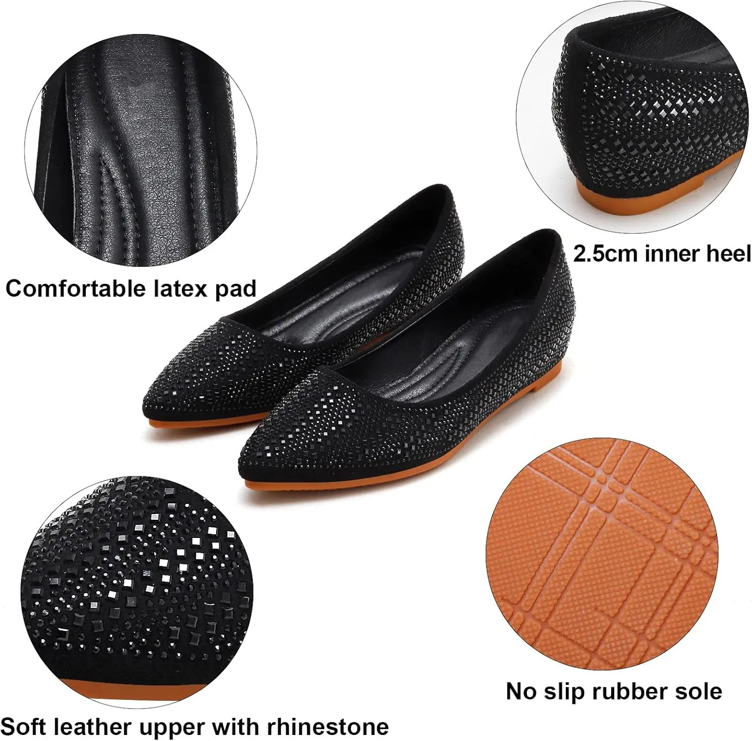 KUNWFNIX Women's Ballet Flats Crystal Wedding Ballerina Shoes Pointed Toe Pearl Diamond Low Heel Comfortable Dressy Work Business Dance Flats
