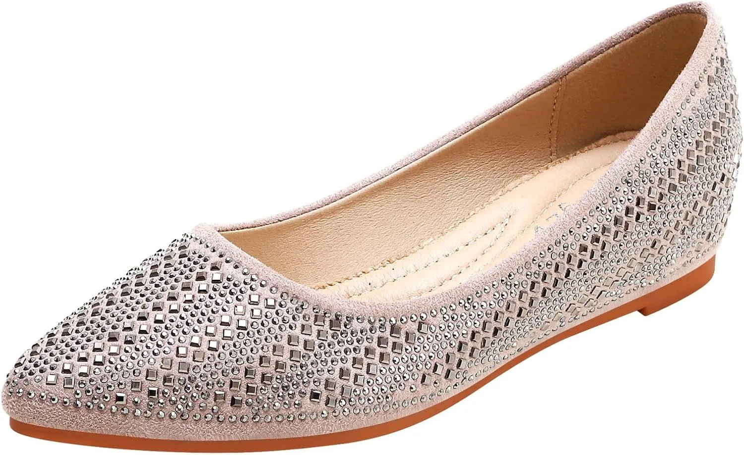 KUNWFNIX Women's Ballet Flats Crystal Wedding Ballerina Shoes Pointed Toe Pearl Diamond Low Heel Comfortable Dressy Work Business Dance Flats