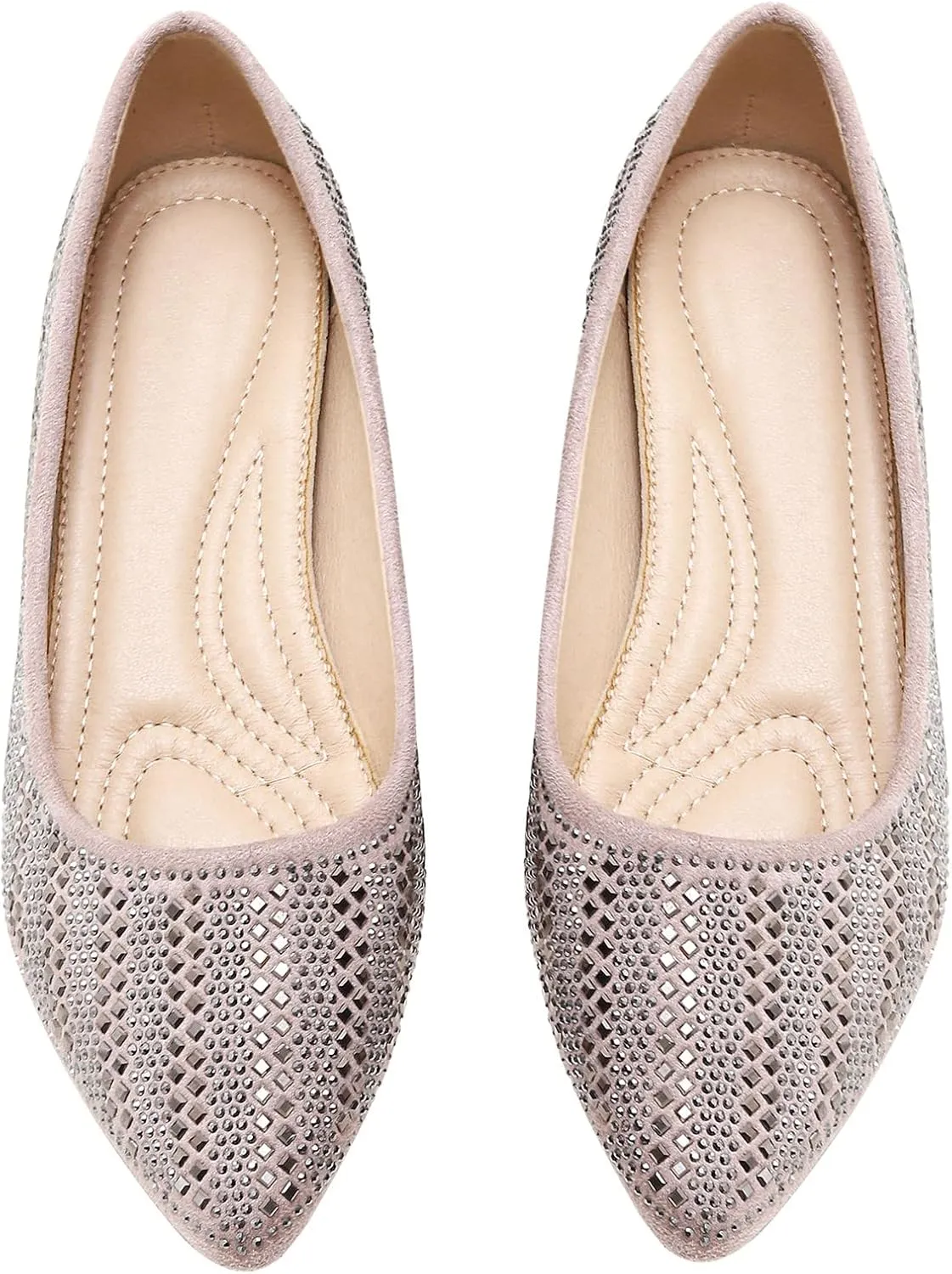 KUNWFNIX Women's Ballet Flats Crystal Wedding Ballerina Shoes Pointed Toe Pearl Diamond Low Heel Comfortable Dressy Work Business Dance Flats