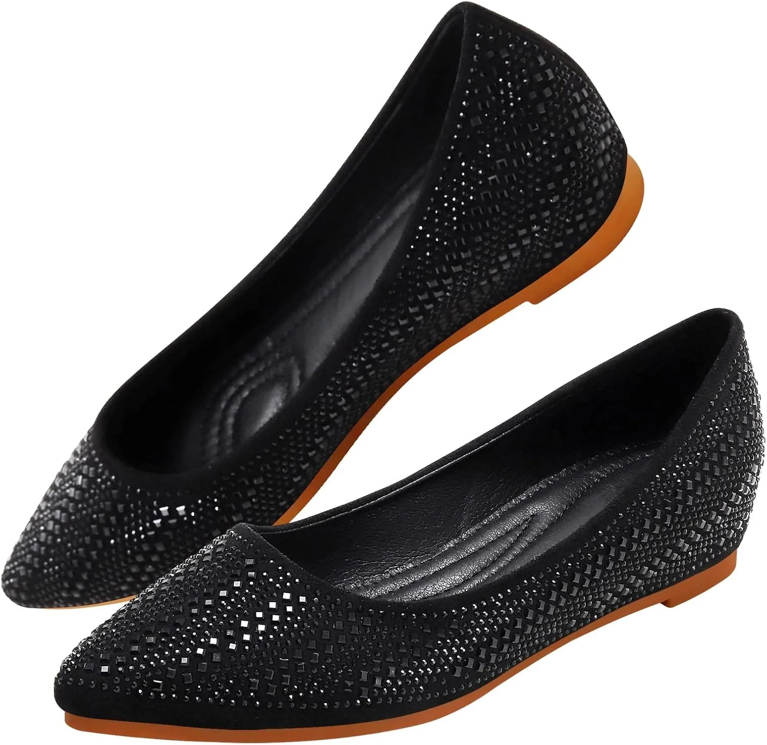 KUNWFNIX Women's Ballet Flats Crystal Wedding Ballerina Shoes Pointed Toe Pearl Diamond Low Heel Comfortable Dressy Work Business Dance Flats