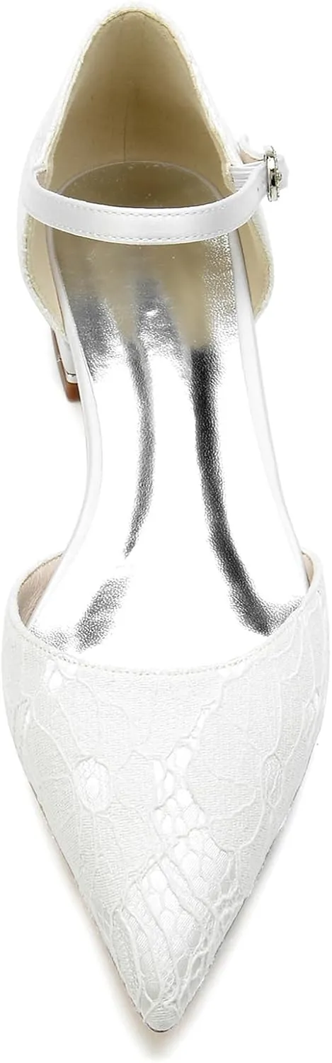 Lace Pointed Toe Dress Bridal Shoes Evening Wedding Flats Shoes Ankle Strap Buckle Shoes
