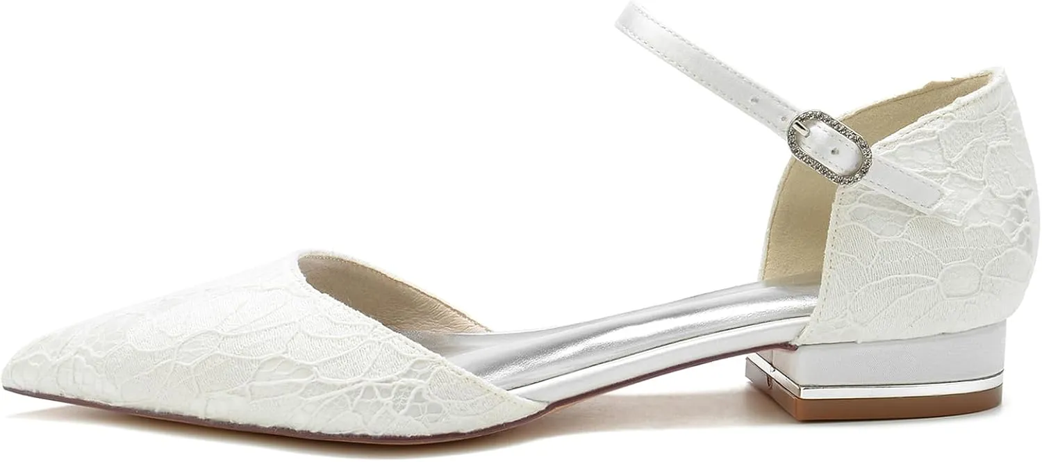 Lace Pointed Toe Dress Bridal Shoes Evening Wedding Flats Shoes Ankle Strap Buckle Shoes
