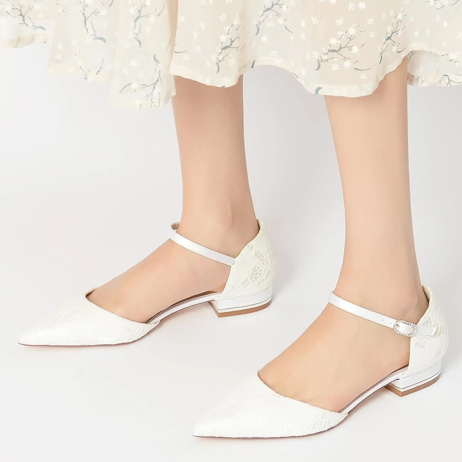 Lace Pointed Toe Dress Bridal Shoes Evening Wedding Flats Shoes Ankle Strap Buckle Shoes