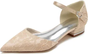 Lace Pointed Toe Dress Bridal Shoes Evening Wedding Flats Shoes Ankle Strap Buckle Shoes