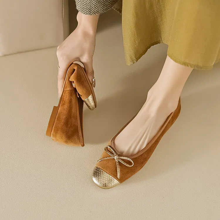 Ladies Cap Toe Suede Bow Detail Flat Ballet Shoes