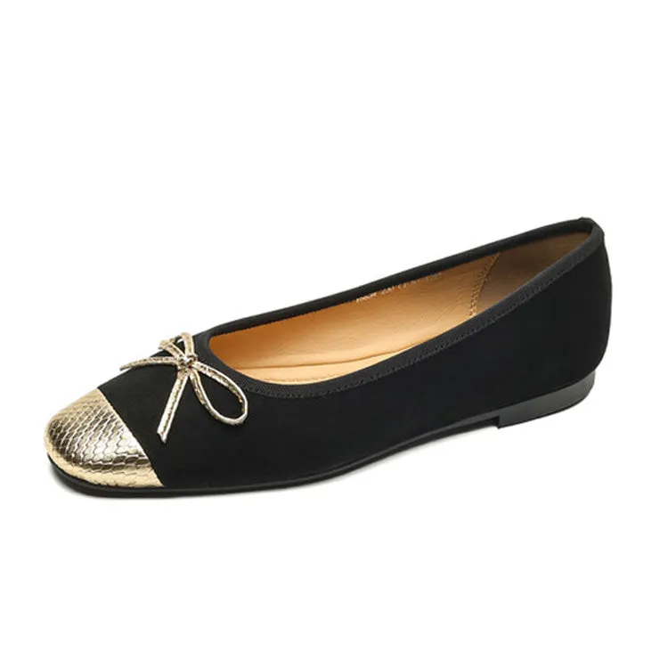 Ladies Cap Toe Suede Bow Detail Flat Ballet Shoes