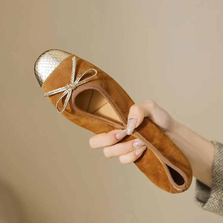 Ladies Cap Toe Suede Bow Detail Flat Ballet Shoes
