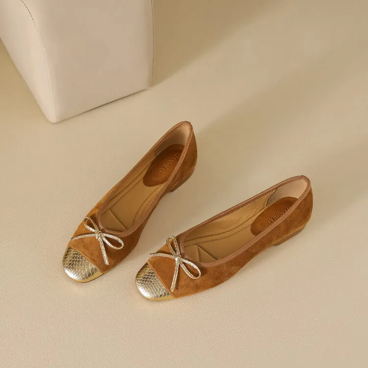 Ladies Cap Toe Suede Bow Detail Flat Ballet Shoes