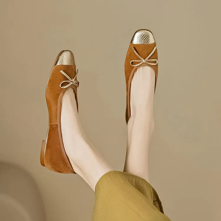Ladies Cap Toe Suede Bow Detail Flat Ballet Shoes