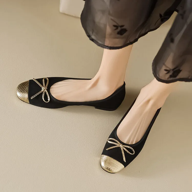 Ladies Cap Toe Suede Bow Detail Flat Ballet Shoes