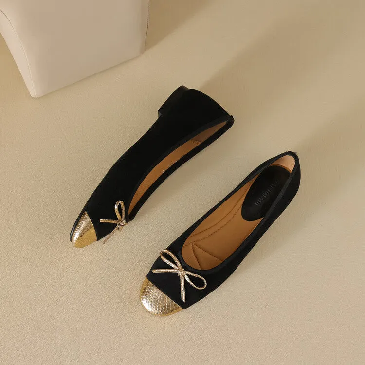 Ladies Cap Toe Suede Bow Detail Flat Ballet Shoes