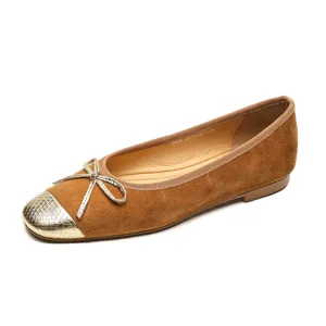 Ladies Cap Toe Suede Bow Detail Flat Ballet Shoes