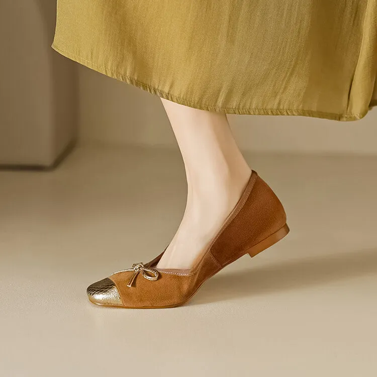 Ladies Cap Toe Suede Bow Detail Flat Ballet Shoes