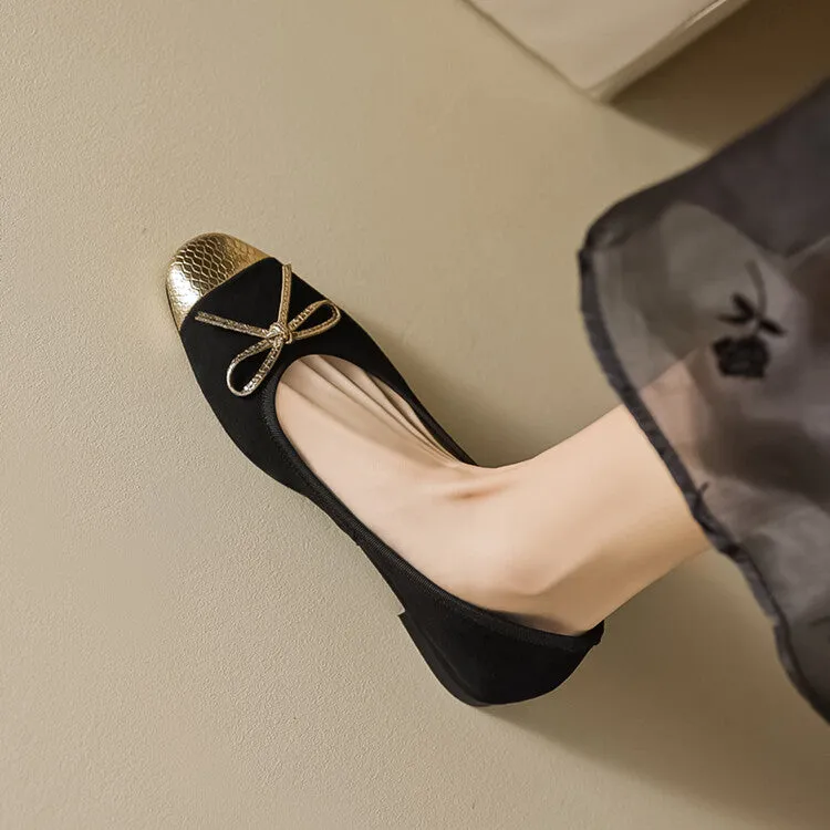 Ladies Cap Toe Suede Bow Detail Flat Ballet Shoes