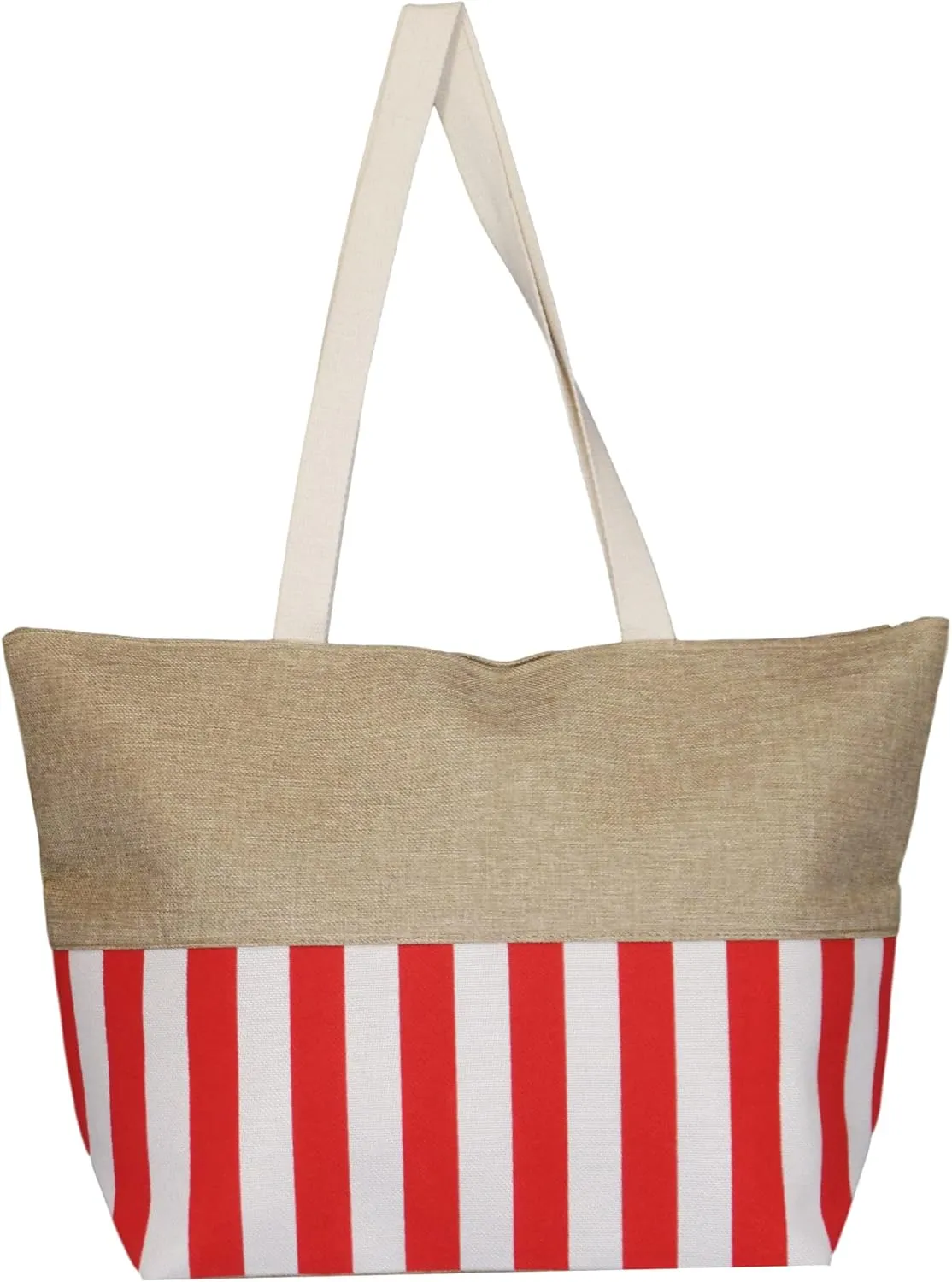Large Zipper Top Stripe Print Canvas Beach Bag Tote - 22 inches by 14 inches by 7 inches