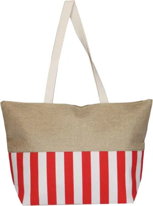 Large Zipper Top Stripe Print Canvas Beach Bag Tote - 22 inches by 14 inches by 7 inches